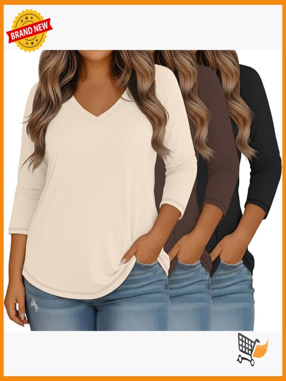 Plus Size 3/4 Sleeve V-Neck T-Shirts 3-Pack Loose Fit Blouses